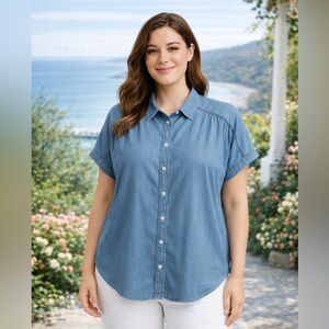 Time and Tru Chambray Soft Denim Jean Blue Button-Up Top